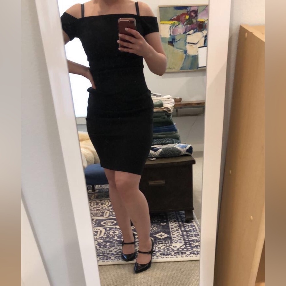 LBD, Little Black Dress, Black Cocktail Dress. High neckline, off the shoulder